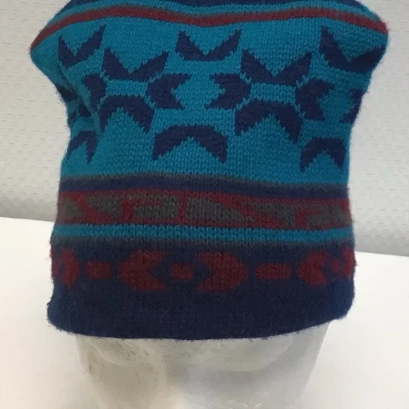 Vintage Geometric Blue and Red Knit Beanie - Picture 1 of 3
